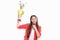 Teenage girl with win cup microphone speech. Teen holding a trophy. Kid winner child won the competition, celebrating