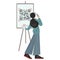 Teenage girl writes q-r code on an easel. Young artist with palette and paints. Back view. Work and study at home. The