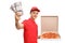Teenage pizza delivery boy with bundles of money