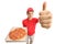 Teenage pizza delivery boy holding a pizza and making a thumb up