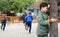 Teenage playing hide-and-go-seek in the playground