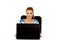 Teenage smiling woman using laptop