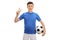 Teenage soccer player with a football making a victory sign