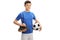 Teenage soccer player with football and pair of soccer shoes