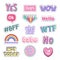Teenage speech patch stickers. Girls fashion funny text patches. Oops, Wow, Omg cute doodle teenage pop art sticker