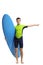 Teenage surfer holding a surfboard and pointing