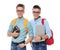 Teenage twin brothers with glasses on white