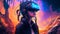 Teenage wearing VR headset on digital neon lights background