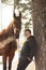 Teenager boy and brown horse standing near the tree