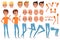 Teenager boy character constructor. Set of various male emotion faces, hairstyles, hands, gestures and legs. Flat design