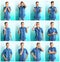 Teenager boy with different emotions on color background