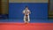 Teenager boy performs kata in the sports hall during his karate training