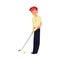 Teenager boy in red cap playing golf flat cartoon vector illustration isolated.