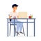 Teenager boy studying at home with computer flat vector illustration isolated.