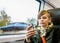 Teenager boy using his smartphone while traveling by train