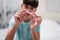 Teenager boy wear simulator orthodontic silicone invisible leveling braces for teeth.  Dental concept, orthodontics