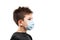 Teenager boy wearing respiratory protective medical mask side view