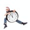 Teenager in cap of Santa Claus and large clock