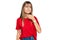 Teenager caucasian girl wearing casual red t shirt touching painful neck, sore throat for flu, clod and infection