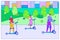 Teenager character people drive scooter, male female friend together walk urban city park line flat vector illustration