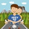 Teenager couple riding a motocycle outdoor. Flat illustration