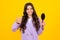 Teenager girl with long hair holding comb hairbrush for combing, beauty. Conditioner shampoo hair. Beauty kids salon