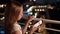 Teenager girl looking online broadcast in smartphone in social networks on dark balcony. Girl teenager using mobile