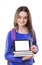 Teenager girl with schoolbag and digital tablet