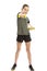 Teenager girl in sportswear with dumbbells. Isolated on a white background.