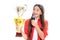 Teenager girl with win cup. Teen holding a trophy microphone speech. Kid winner child won the competition, celebrating