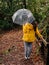 Teenager girl in yellow jacket holding translucent umbrella walking in a forest park in a rain. Outdoor activity and enjoy nature