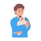 Teenager hugging little dog pet. Smiling boy petting domestic animal. Friendship between child and pet. Cute friendly