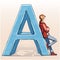 A teenager leans on the letter A. Vector illustration of a sketch with a standing student