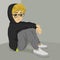 Teenager nerd boy desperate sitting on floor over grey background with dark clothes