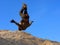 Teenager performs freerunning somersault on sand hill