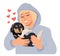 Teenager pet friend. Cartoon young man hugging cute puppy with care and love. Cozy relaxing friendship of man and pet