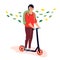 Teenager riding a kick scooter - colorful flat design style illustration