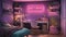 A teenager\\\'s bedroom with neon lights spelling out a message on the