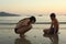 Teenager siblings on seaside beach looking for shell crab and corall pieces