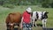 Teenager standing in pasture near with cows and drinking fresh milk