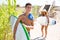 Teenager surfers waling to the beach