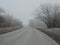 Teenager walks along the road alone on a foggy autumn day