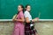 Teenager young school girls on blackboard at school. Portrait of a teen female student.