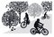 Teenagers on bicycles. Girl, boys in baseball caps ride bicycles in the Park. Silhouettes isolated on a white background. Vector