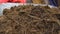 Teenagers fill the cart with cow dung. Close up.