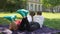 Teenagers legs in similar comfortable socks, lying on plaid in park, textile