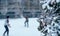 Teenagers playing snowballs near a Christmas tree