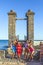 Teenagers posing at the entrance of the Castillo de San Gabriel in Arrecife, Lanzarote, Canary Islands