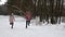 Teenagers running with their labrador dogs on a winter forest road