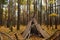 Teepee hut in forest on autumn day